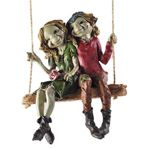 Pixie pareja colgante columpio, escultura misterio mágico alta calidad jardín decoración estatuillas elfo y hada niños, altura 12 cm