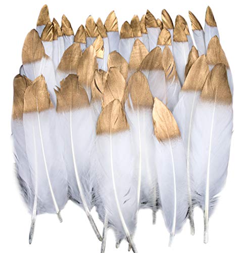 Plumas de Ganso, 40 pcs Oro Sumergido Blanco Natural Plumas de Gallo Manualidades Decoración para Disfraces Hats, Hogar Bricolaje, Ropa Casa Fiesta (accesorio de disfraz)