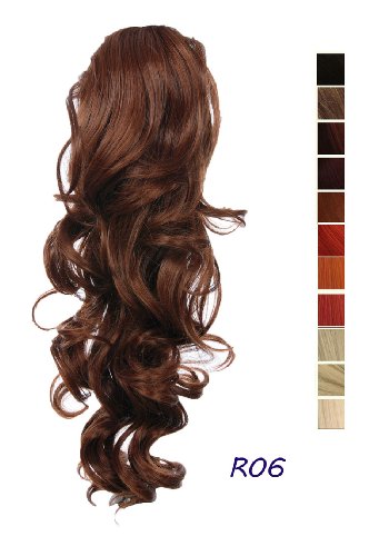 Prettyland - DH254 pelo largo Extensión de cabello, Peluca Cola de Caballo ondulada con clips- R06 rojo caoba