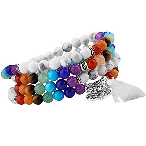 Pulsera Mujer,Pulsera Con Cuentas Para Las Mujeres Natural Piedra Árbol Colgante Largo Blanco Borla Cuentas De Yoga Cuentas Elastic Line Stretch Hecho A Mano Pulsera Para Señoras Hombres Pareja Enc