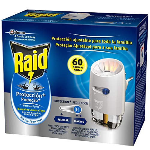 Raid - Difusor electrico Protection+ Anti Mosquitos Comunes y Tigre, 60 Noches, difusor + recambio