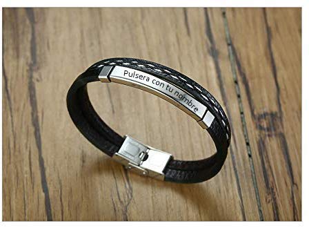 RecontraMago Pulsera Grabada Personalizada para Hombre y Mujer - Grabado en Diamante - Pulseras Personalizables de Acero Inoxidable y Cuero Regalo Nombre (Plateado, 21)