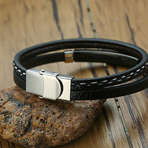 RecontraMago Pulsera Grabada Personalizada para Hombre y Mujer - Grabado en Diamante - Pulseras Personalizables de Acero Inoxidable y Cuero Regalo Nombre (Plateado, 21)