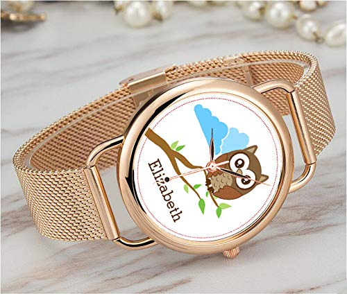 Reloj de Pulsera para Mujer con Correa de Malla Ultrafina, Resistente al Agua, Reloj de Cuarzo, Reloj de Navidad, Dulce búho marrón en Rama para añadir Nombre Personalizado