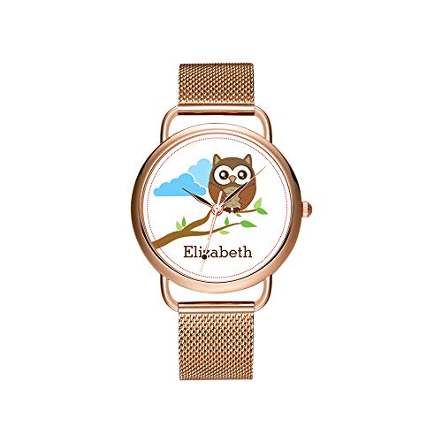 Reloj de Pulsera para Mujer con Correa de Malla Ultrafina, Resistente al Agua, Reloj de Cuarzo, Reloj de Navidad, Dulce búho marrón en Rama para añadir Nombre Personalizado