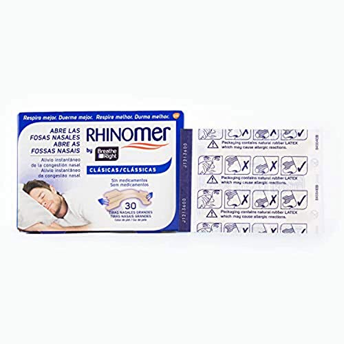 Rhinomer by Breathe Right - Tiras nasales clásicas para la congestión nasal, tamaño grande - 30 unidades, Tono Claro