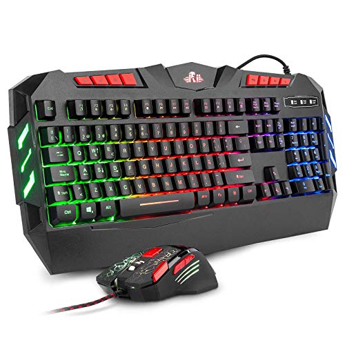 Rii RK900+ Teclado Gaming con sensibilidad mecánica Completo,Combo de Teclado y ratón con Cable,Diseño Gaming Multicolor retroiluminado,Especial para Gamers.