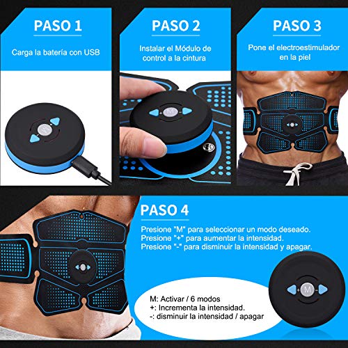 RIRGI Electroestimulador Muscular Abdominales,Electroestimulador Muscular USB Recargable, 6 Modos y 10 Niveles de Intensidad para Abdomen/Cintura/Pierna/Brazo (Incluyendo 14PCS Reemplazo Gel Pad)