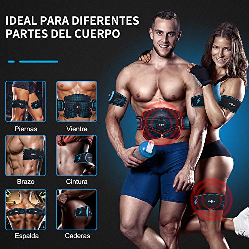 RIRGI Electroestimulador Muscular Abdominales,Electroestimulador Muscular USB Recargable, 6 Modos y 10 Niveles de Intensidad para Abdomen/Cintura/Pierna/Brazo (Incluyendo 14PCS Reemplazo Gel Pad)