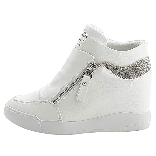 rismart Mujer Cuña Plataforma Botín Elegante Deportivos Zapatillas Zapatos SN15018(Blanco,38 EU)