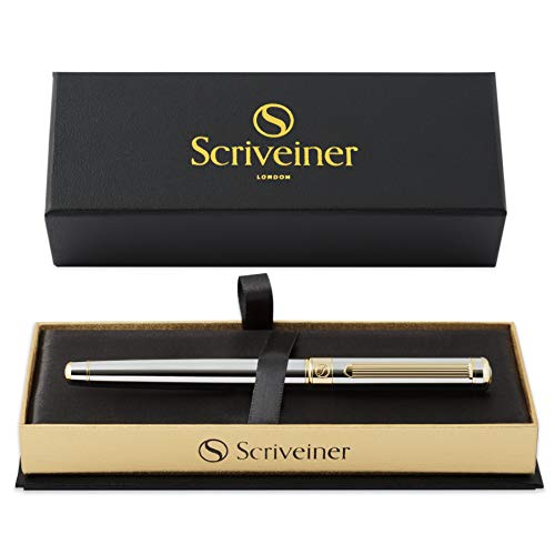 Rollerball Pen de Scriveiner London - Bolígrafo Roller de Gama Alta con Acabado en Oro de 24 Quilates, Recambio Schmidt, Regalo Hombres y Mujeres, Bolígrafos Profesionales de Diseño (Cromado Plata)