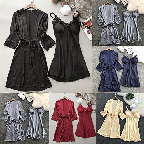 Ropa de Dormir para Mujeres,SHOBDW Regalo del día de San Valentín Babydolls Lencería Sexy Vestido de Seda Vestido de Bata Kimono Conjunto Tallas Grandes Ropa de Dormir 2PCS(Vino,XL)