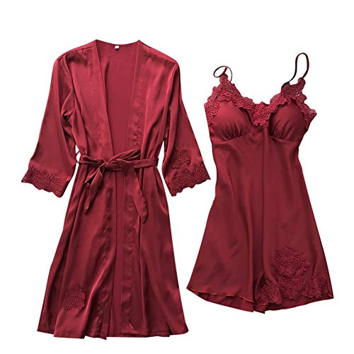 Ropa de Dormir para Mujeres,SHOBDW Regalo del día de San Valentín Babydolls Lencería Sexy Vestido de Seda Vestido de Bata Kimono Conjunto Tallas Grandes Ropa de Dormir 2PCS(Vino,XL)