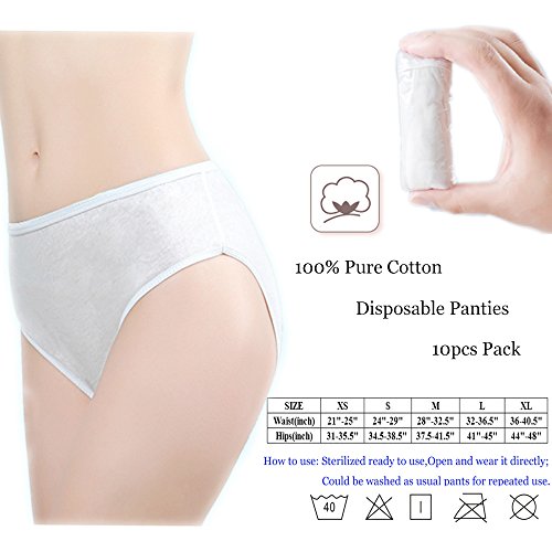 Ropa Interior de algodón desechable 100% Puro Bragas de Viaje Corte Alto Granny Briefs Blanco/Multicolor (10 Piezas) (Blanco, Mediano - Cintura 71-83cm, Caderas 95-106cm)