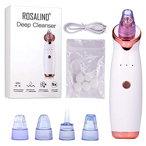 ROSALIND Limpiador de Poros, Extractor de Puntos Negros Limpiador Facial Blackhead Remover Eliminador Puntos Negros con USB Carga Portáti, 5 Cabezales y 3 Modos para Espinillas y Acné