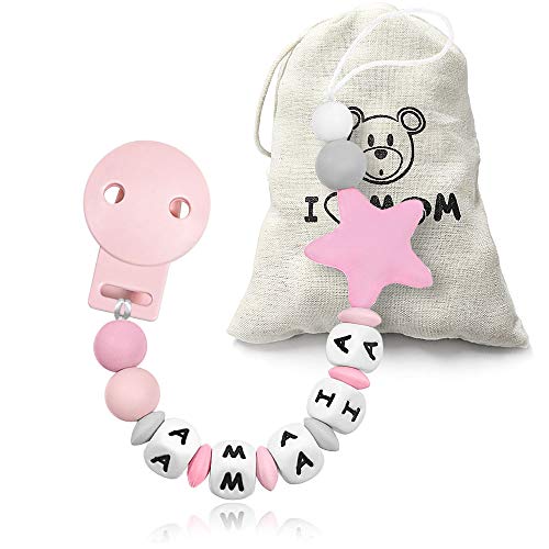 RUBY - Chupetero personalizado para bebe con nombre bola silicona antibacteria con pinza plástico. Chuptero Estrella (Rosa)