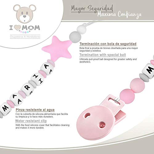 RUBY - Chupetero personalizado para bebe con nombre bola silicona antibacteria con pinza plástico. Chuptero Estrella (Rosa)