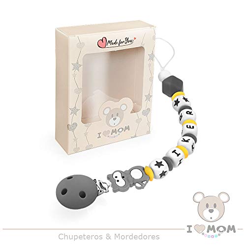 RUBY - Chupetero personalizado para bebe con nombre bola silicona antibacteria con pinza redonda de acero inoxidable, con 3 agujeros de seguridad. 2º unid al 15% de desc. (Gris) (Gris-hx)