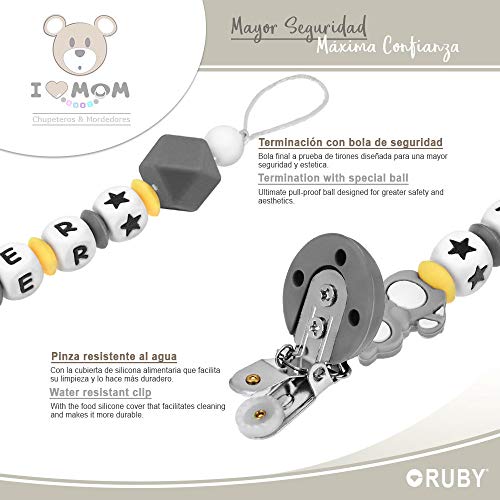 RUBY - Chupetero personalizado para bebe con nombre bola silicona antibacteria con pinza redonda de acero inoxidable, con 3 agujeros de seguridad. 2º unid al 15% de desc. (Gris) (Gris-hx)