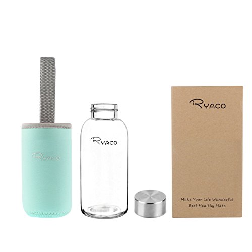 Ryaco Botella de Agua Cristal 360ml, Botella de Agua Reutilizable 12 oz, Sin BPA Antideslizante Protección Neopreno Llevar Manga con Acero Inoxidable Tapas Elegante de Borosilicato Botella