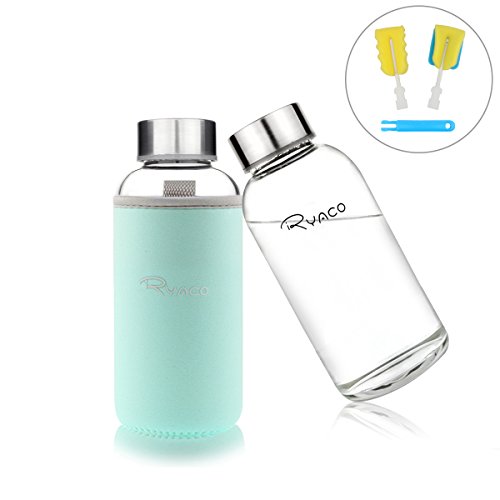 Ryaco Botella de Agua Cristal 360ml, Botella de Agua Reutilizable 12 oz, Sin BPA Antideslizante Protección Neopreno Llevar Manga con Acero Inoxidable Tapas Elegante de Borosilicato Botella