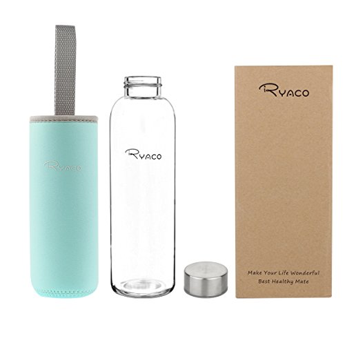 Ryaco Botella de Agua Cristal 550ml, Botella de Agua Reutilizable 18 oz, Sin BPA Antideslizante Protección Neopreno Llevar Manga y Cepillo de Esponja