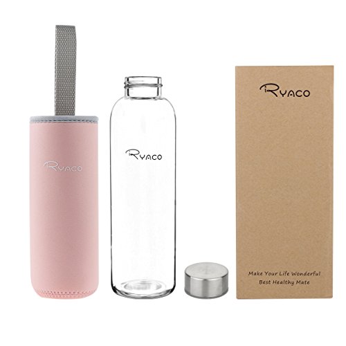 Ryaco Botella de Agua Cristal 550ml, Botella de Agua Reutilizable 18 oz, Sin BPA Antideslizante Protección Neopreno Llevar Manga y Cepillo de Esponja