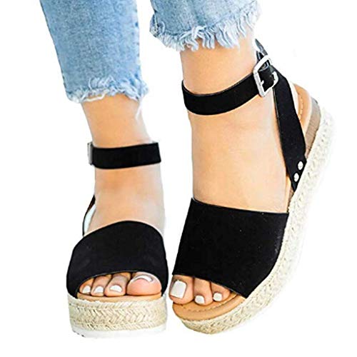 Sandalias Mujer Verano 2019 cáñamo Fondo Grueso Sandalias Punta Abierta Cuero Fondo Plano Zapatos Bohemias Romanas Hebilla Zapatillas Gris 35-43 riou (35, Negro)