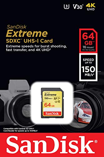 SanDisk Extreme 64GB SDXC - Tarjeta de memoria 150MB/s, Class 10, U3, V30