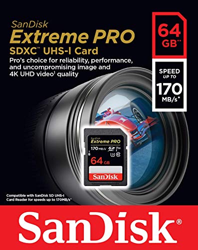 SanDisk Extreme PRO - Tarjeta de Memoria SDXC de 64 GB, 4k, hasta 170 MB/s, Class 10, U3 y V30