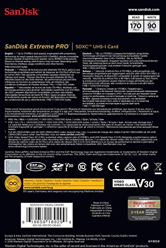 SanDisk Extreme PRO - Tarjeta de Memoria SDXC de 64 GB, 4k, hasta 170 MB/s, Class 10, U3 y V30