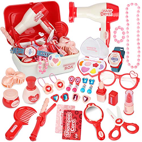 Sanlebi Pretend Maleta de Maquillaje para niños con 28 Piezas peluqueria Juguete de joyería Set para niñas de 3 años