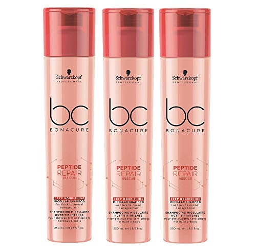 Schwarzkopf Professional BONACURE Peptide Repair Rescue Champú micelar nutritivo profundo, paquete de 3 unidades (3 x 250 ml)