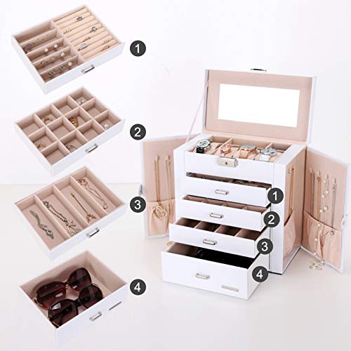 Seelux Caja de joyería 4 cajones Caja para Joyas, con Espejo, para Pendientes, Pulseras, Anillos, Almacenamiento y Expositor, Relojes, Gafas, Bloqueable Blanco