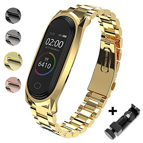 SenMore Compatible Correa Mi Band 3/4 Correas Metal, Pulsera de Acero Inoxidable Agradable para Mi Band 3 Correa and Mi Band 4 Correa (No Host)(GT-Dorado)