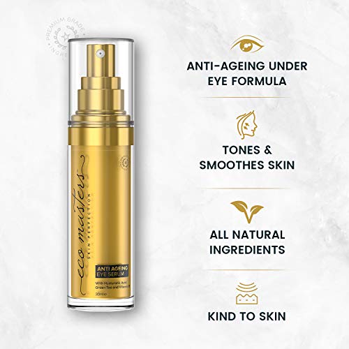 Sérum Contorno de Ojos Antiarrugas 30ml - Elimina Líneas de Expresión y Arrugas, Suero Antiedad y Hidratante Facial Para Mujeres y Hombres, Con Vitamina E, CoQ10 y Ácido Hialurónico - Eco Masters