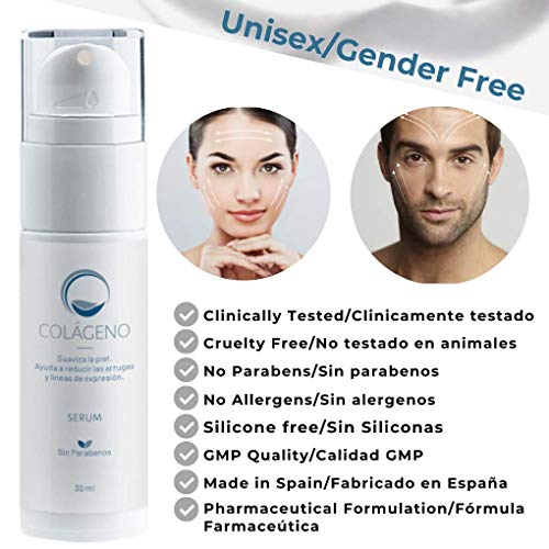 Serum Facial de Colageno con Silicio Organico de Origen Marino 30 ml – Reduce la arrugas y Rearfirma – Combate la flacidez de Rostro y Cuello - Todo tipo de Pieles - Textura Gel No Grasa - Unisex