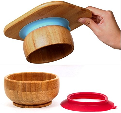 Set de Bowl adherente y cuchara para bebé en combinación, Bowl que no se despega de la mesa al comer, Bambú natural (Azul)