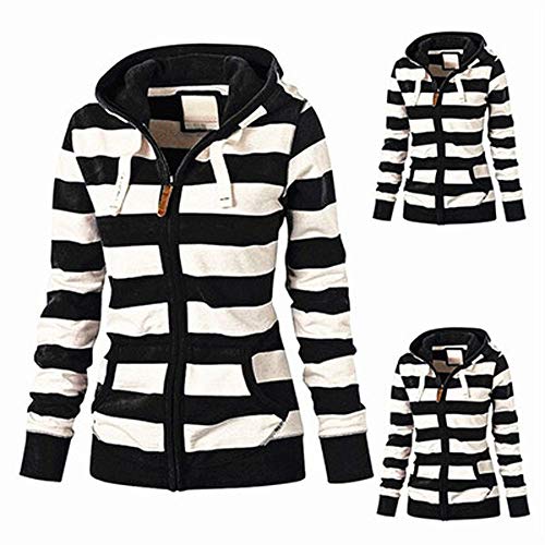 SHOBDW Mujeres Cremallera Camisetas de Manga Larga Sudadera con Capucha a Rayas Abrigos de Invierno Chaqueta de Mujer Casual Jerséis Delgados Outwear (Negro,M)