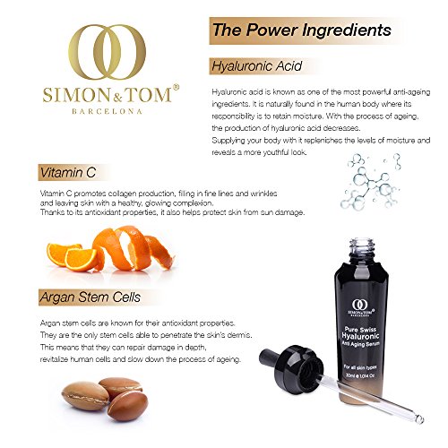 Simon & Tom PURE HYDRA - Serum de Ácido hialurónico facial, con células madre de Argán y vitamina C, no graso, 30ml