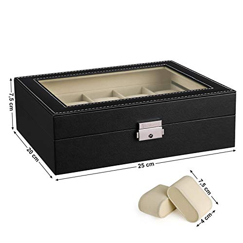 SONGMICS Caja de Relojes con 10 Compartimientos, Estuche de Madera para Relojes, Tapa de Vidrio, Almohadillas Extraíbles, Forro de Terciopelo, Cierre de Metal, Piel Sintética, Beige JWB010