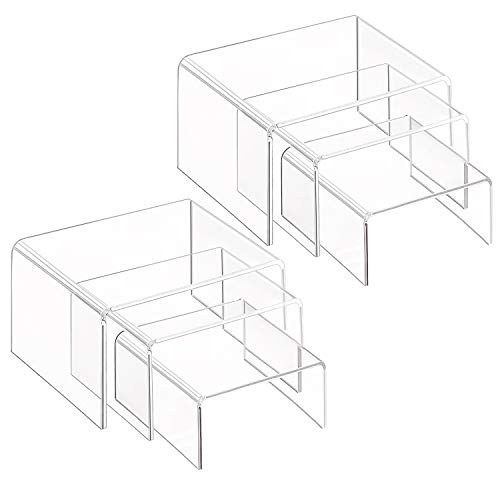 Soportes de exhibición de acrílico transparente, 2 juegos de 3 estantes de exhibición para figuras, buffets, cupcakes y soportes de exhibición de joyería, con película protectora pegajosa