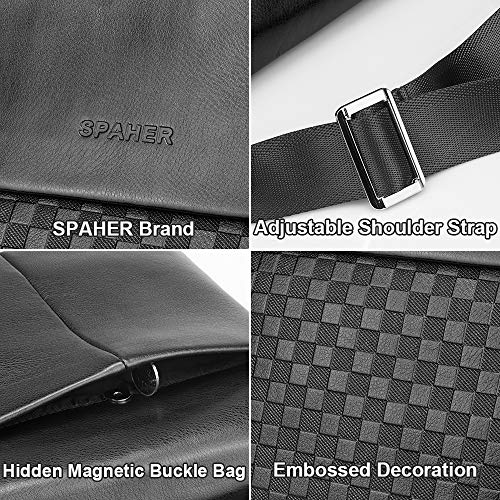 SPAHER Bolso Bandolera Cuero Hombre Piel Ipad Funda Messenger Bolsa Caballero Bolsa de negocios Crossbody Satchel Bolsa de viaje para vuelo Viaje Trabajo con ajustable Bandolera Negro