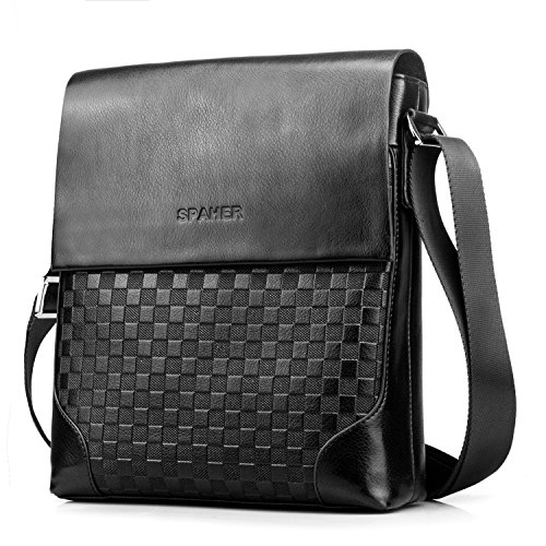 SPAHER Bolso Bandolera Cuero Hombre Piel Ipad Funda Messenger Bolsa Caballero Bolsa de negocios Crossbody Satchel Bolsa de viaje para vuelo Viaje Trabajo con ajustable Bandolera Negro