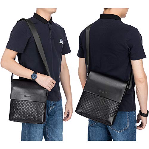 SPAHER Bolso Bandolera Cuero Hombre Piel Ipad Funda Messenger Bolsa Caballero Bolsa de negocios Crossbody Satchel Bolsa de viaje para vuelo Viaje Trabajo con ajustable Bandolera Negro