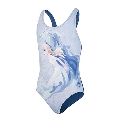 Speedo Splashback con Inserto Digital Disney Frozen 2" Elsa Bañador, Niñas, Azul Pastel/Azul Cielo/Azul Marino, 5-6