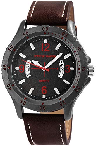 Spirit of Marine – Reloj de Pulsera analógico para Hombre, Color Antracita, marrón, Rojo, Fecha, Metal, Piel sintética, Cuarzo