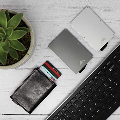 STEALTH WALLET Minimalista Portatarjetas RFID - Carteras de Tarjetas de Crédito Metálicas Delgadas y Livianas con Protección de Bloque NFC (Gris con Cuero Negro)