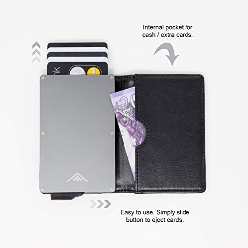 STEALTH WALLET Minimalista Portatarjetas RFID - Carteras de Tarjetas de Crédito Metálicas Delgadas y Livianas con Protección de Bloque NFC (Gris con Cuero Negro)