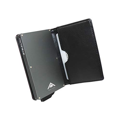 STEALTH WALLET Minimalista Portatarjetas RFID - Carteras de Tarjetas de Crédito Metálicas Delgadas y Livianas con Protección de Bloque NFC (Gris con Cuero Negro)